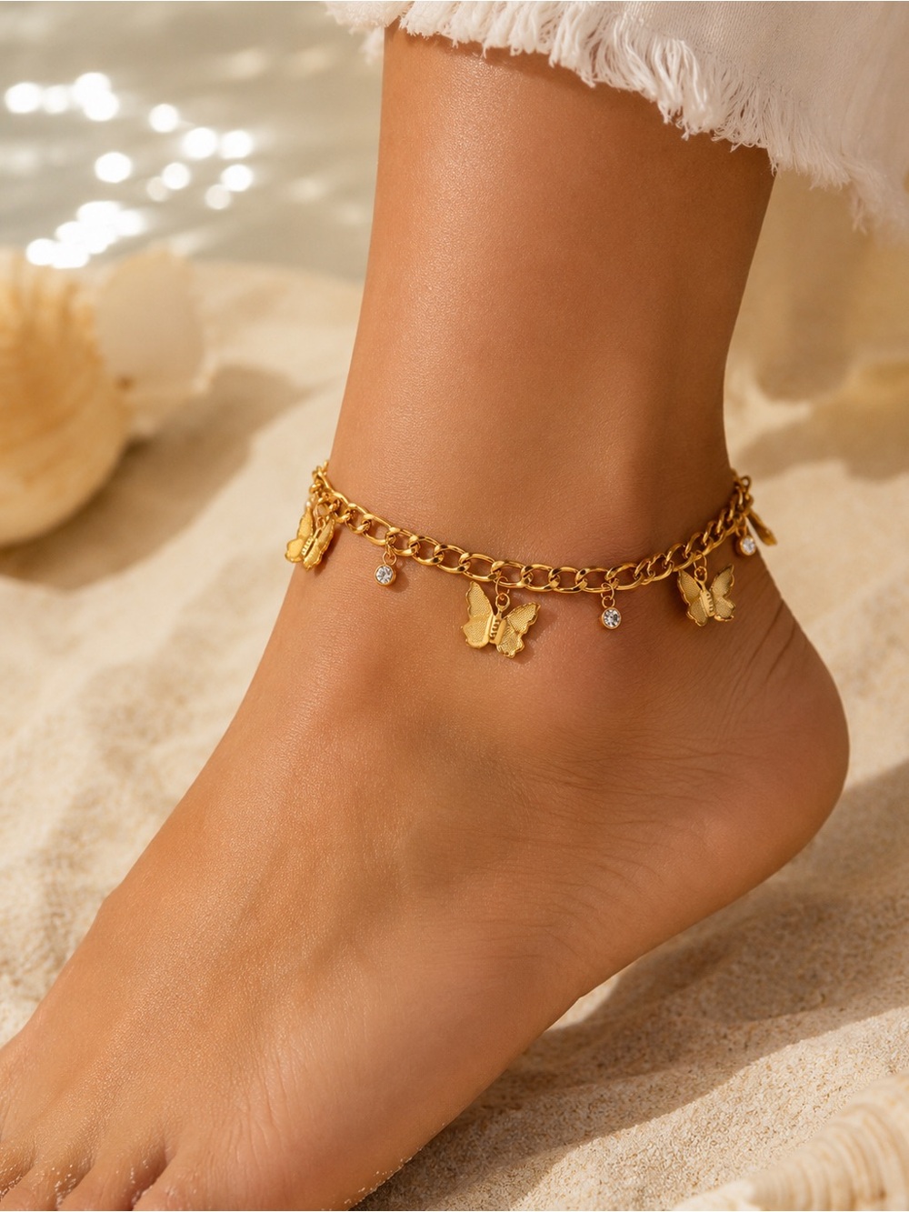 Butterfly Anklet Stainless Steel Figaro Chain Zircon Charm Beach Jewelry